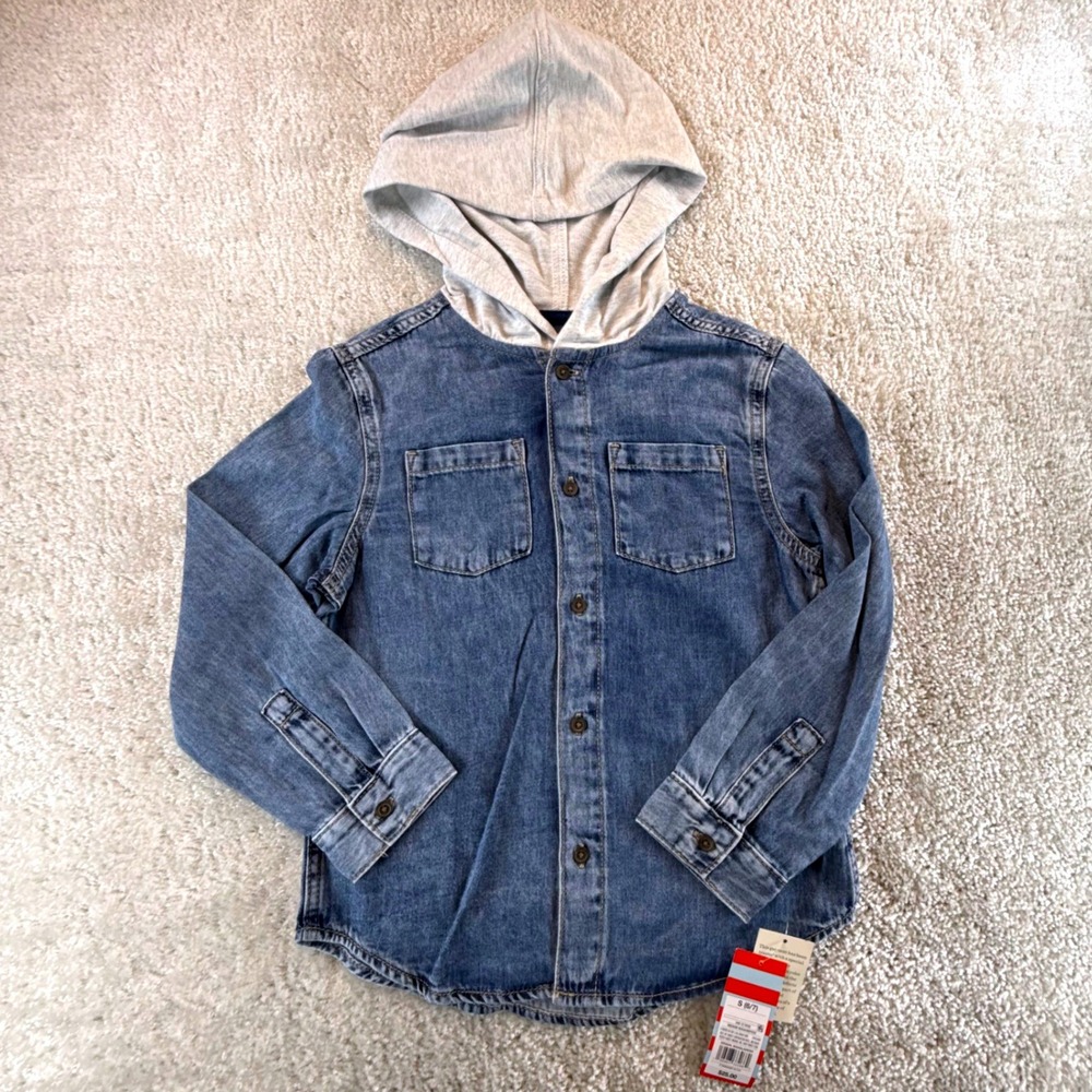Cat & Jack Boys Hooded Denim Shirt Medium Wash Blue Grey S 6/7 New